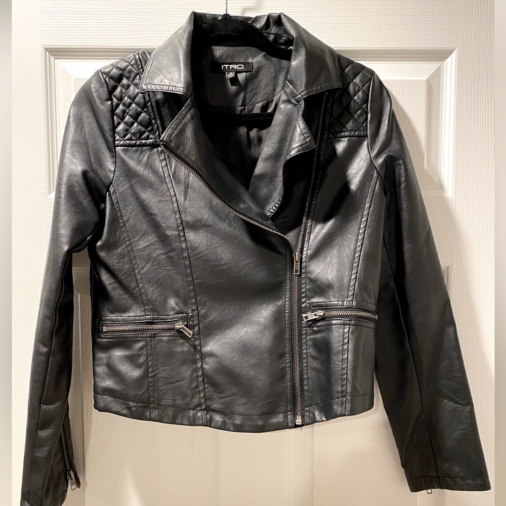 Faux Leather Moto Jacket, Black, Size Medium